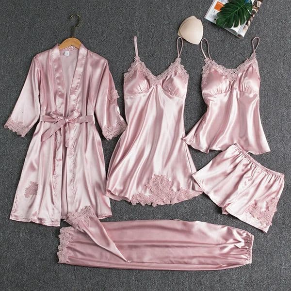 5PCS Womens Ice Silk Sexy Pajama Set Breathable Lace Satin Pajama Bathrobe Five Piece Set Casual Home Clothes Spring and Summer 250627BJ