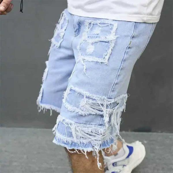 Denim Hole Knee Length Men Washed Jeans Mid Waist Spliced Ripped Pockets Loose Fit Distressed Straight Pants 2025 Casual Shorts W250628