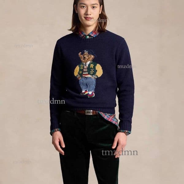 Little Pony~ Classic Embroidered Bear Wearing Iconic Baseball Cap Casual Academy Style Versatile Pullover Knit Sweater