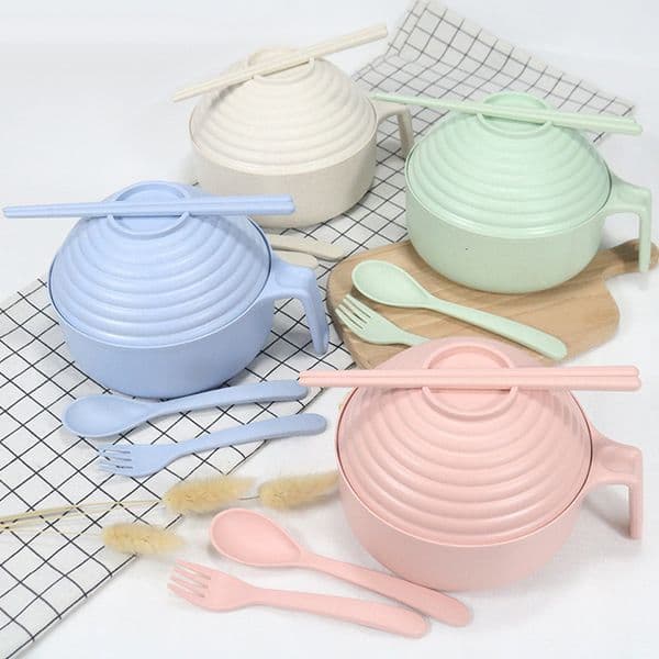 Dormitory Student Office Worker Easy-to-Clean Lunch Lid, and Chopsticks Set, Wheat Straw Japanese Style Instant Noodle Bowl with Lid
