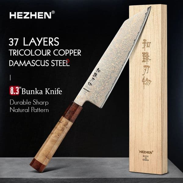 HEZHEN 8.3 inch Bunka Custom 37-Layer Tri-color Copper Damascus Steel Knife Chef Knives Meat Cleaver Kitchen Knife 250628