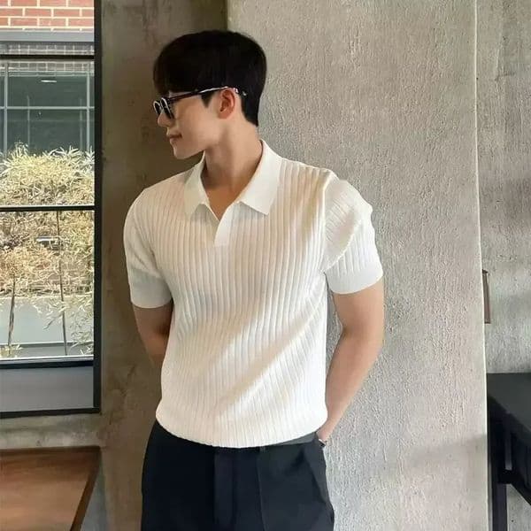 Summer Mens Ice Silk Lapel Polo Short Sleeve Thin Fashionable V-neck Striped Knit Base Layer Top Mens Shirt 250628BJ