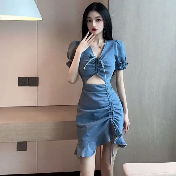Woman Dress Tight Short Sleeve Denim Dresses for Women Ruffle Hollow Elegant Party Korean Style Clothes Chic Elastic Clothing 250624