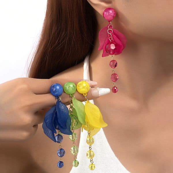 A Pair Of Acrylic Forest Style Petal Rler Bead Combination Pendant Earrings Suitable For Women Girls Party Gathering