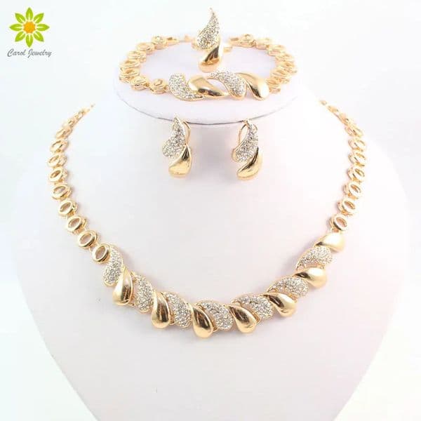 Fashion Women African Gold Color Necklace Earrings Set Party Bridal Wedding Accessories Jewelry Set 250626