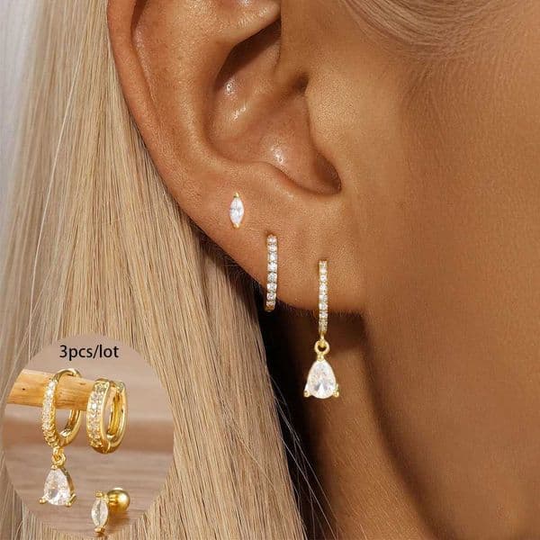 3PCS Simple Stainless Steel Water Drop Hoop Earrings Set for Women 18K Gold Plated Zircon Huggie Earring Piercing Jewelry aretesXJ250630