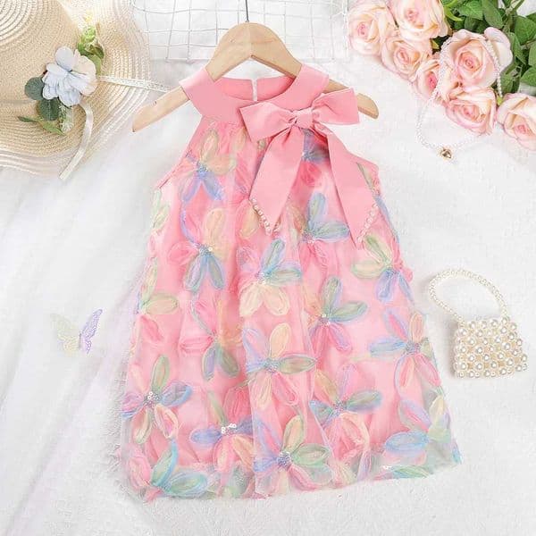 Girls Summer New Bow Colorful Flower Decoration Sleeveless Princess Dress 1 Pc Kids Fashion Sweet Clothes 3-7 Years Z250630