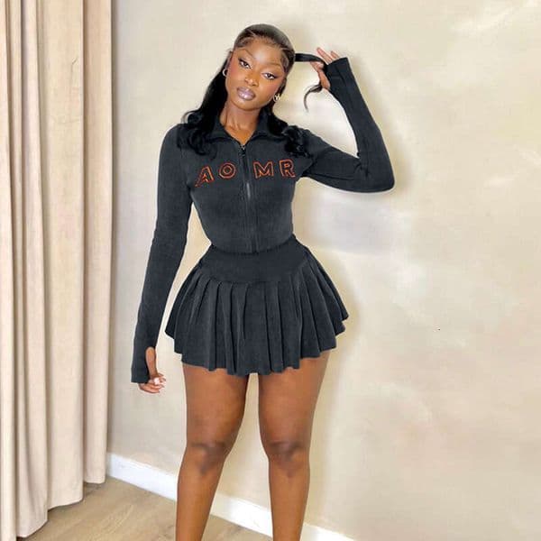 Casual Women's Ribbed Embroidered Letter Color-Block Zipper Top Pleated Two-Piece Short Skirt Set B5