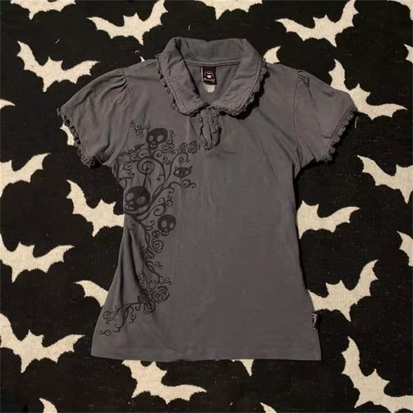 Polo Collar Gothic Streetwear Hip Hop T shirts Women Short sleeve Slim Punk Tees Shirt Dark 90s Vintage Clothes Femme Y2k Tops 250628