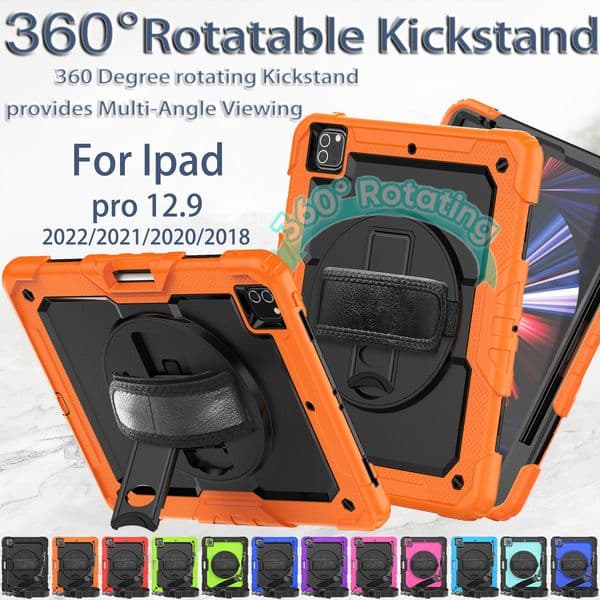 For iPad Pro 12.9" Case Heavy Duty Hybrid Protective Tablet Cover 360 Rotation Hand Strap Kickstand Rugged Shockproof Cases with Screen Protector + Shoulder Strap