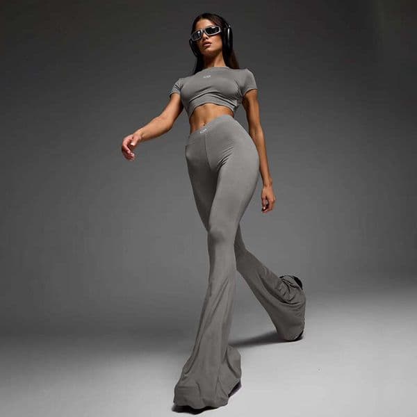 Sports Casual Basic Pullover Crop Short Sleeve Top High Waist Flared Pants Yoga Sexy Two-Piece Set B5