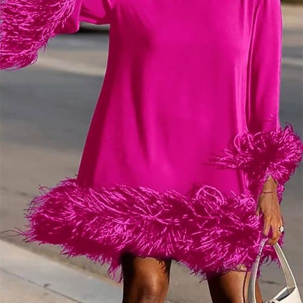 Womens Mini Dress Feather Hem Cocktail Evening Party Elegant Spring Round Neck Solid Y2K Straigth Loose Fashion 250110