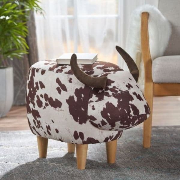 Animal Ottoman/Footstool, Brown and White Cow-Shaped Ottoman, Modern Ottoman, Modern Accent Stool Home Decor, Suitable for Living Room, Bedroom, Backyard, Balcony