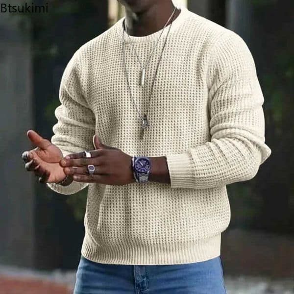 New 2025 Mens Waffle Knitted Sweaters Solid Loose Casual Oneck Pullover Tops Spring Autumn Long Sleeve Sweatshirt Male SweaterXJ250929
