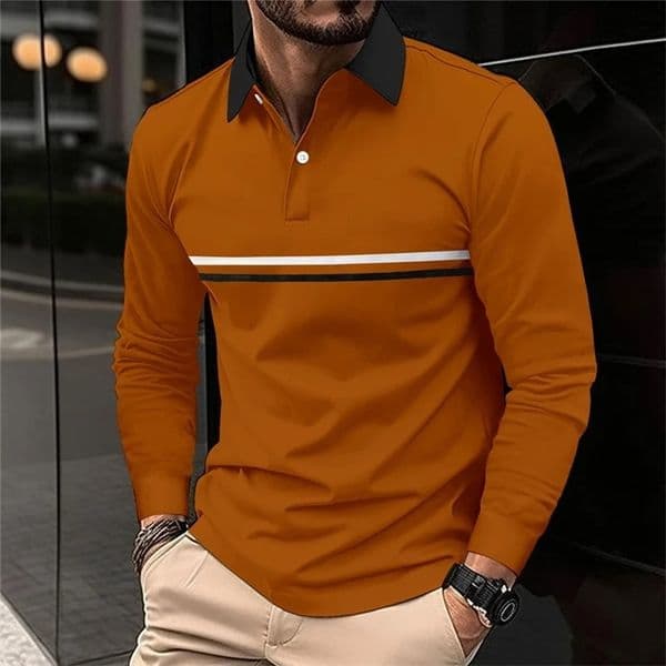 Spring Autumn Contrast Color Striped Polo Shirts Man High Street Button Long Sleeve Pullovers England Office Allmatch Tops 240117