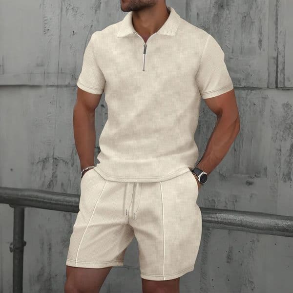 Men Europe and the United States summer Waffle solid color zipup lapel shortsleeve suit shorts two sets 250924