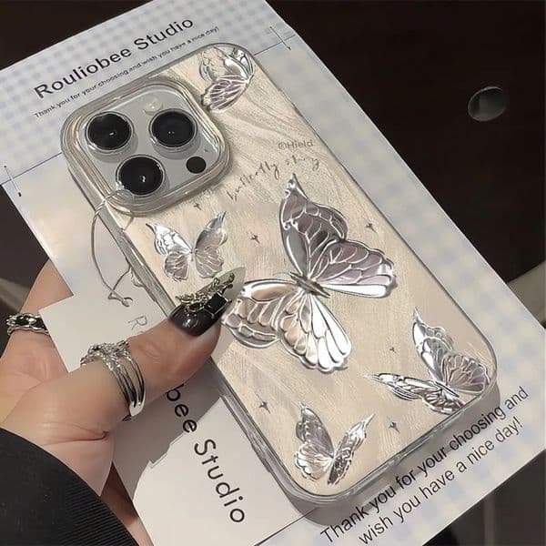 For Iphone 17 Pro Max Butterfly Design Case, Silver Foil Dream Butterfly Case,cute Bling Shiny Glitter Shockproof Protective Phone Cases Cover For Women Girls