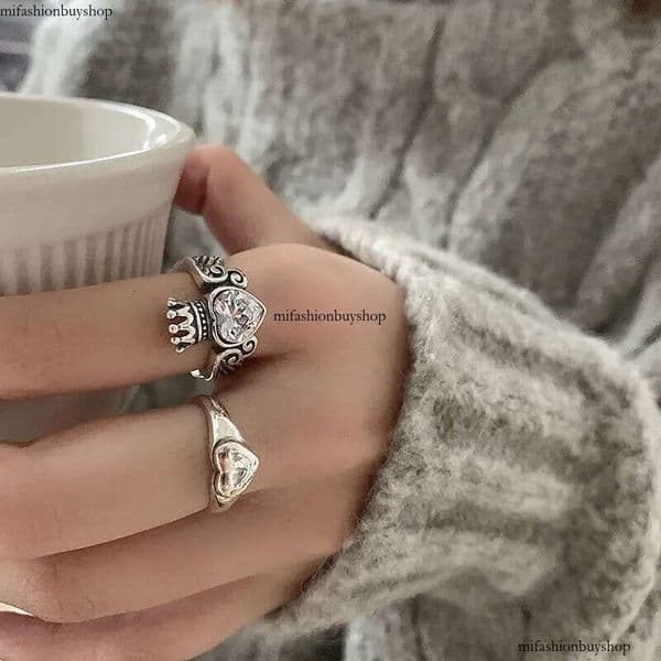 Vintage Crown Heart Ring Set Retro Adjustable S Sier aaa
