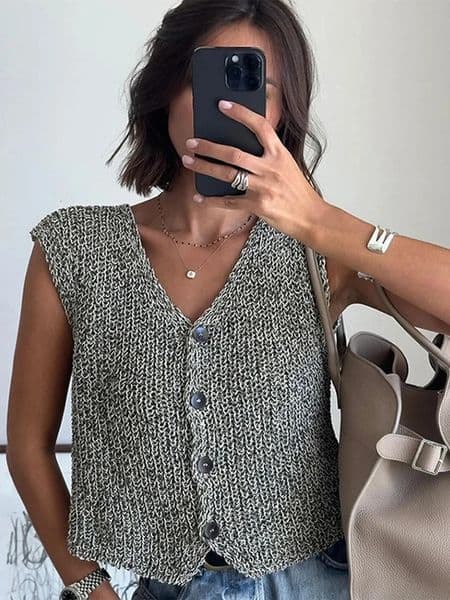 Female Casual Slim Fit Sleeveless Single Breasted V Neck Crop Top Elegant Knit Vest for Women Fashion Lady Outwear 250924