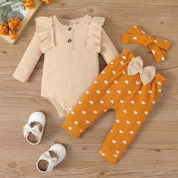 01 year old newborn baby girl spring and autumn flying sleeve long sleeved jumpsuitbow long pants headscarf set L250930RDL3