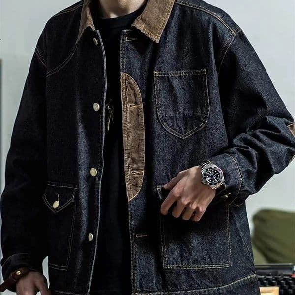 Mens Jackets Clothing Denim Jacket Lapel Tough Vintage Corduroy Stitching Singlebreasted Long Sleeve Baggy Coat 231016