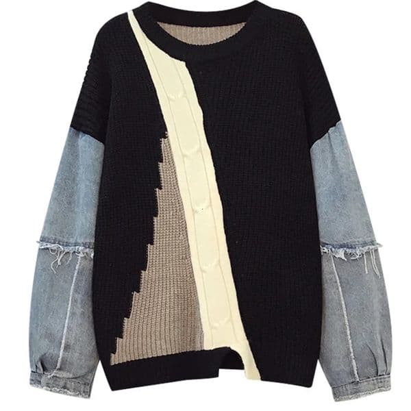 Fashion Hiphop Denim Stitching Sweater Womens Autumn And Winter n Sense Loose Lazy Retro Pullover 241028
