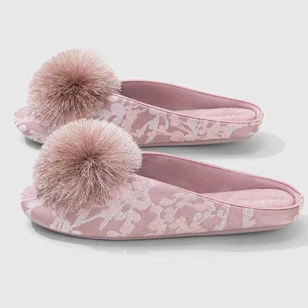 Satin Embroidery Slippers Women Autumn Winter New Furry Ball Comfort Warm Slides Nonslip Indoor Flats Cotton Shoes Chanclas Z250929