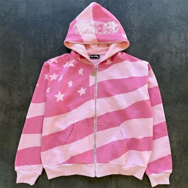 Y2K American Zipper Hoodie Stripe Star Banner Pattern Sweatshirt Men Women Trendy Casual Streetwear Unisex Oversize Clothing 250311