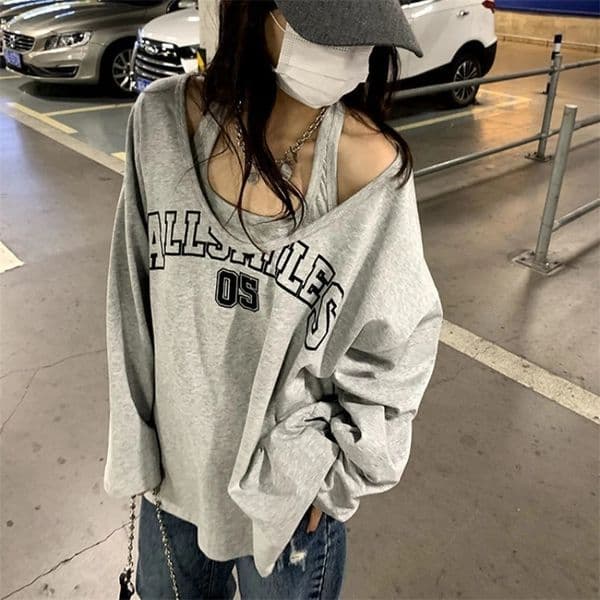 Y2k Baggy Halter twopiece sports shirt womens letter printed loose aesthetic hooded sweatshirt retro fashion casual streetwear top 250408