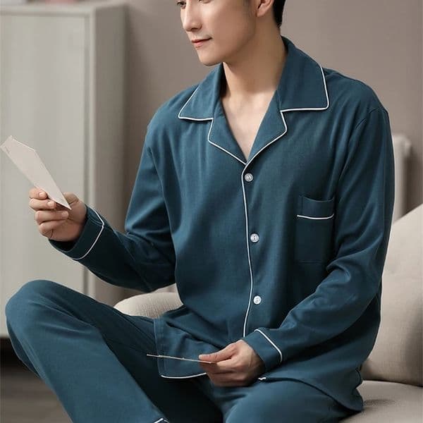 Blue Cotton Pyjamas Winter Men Sleepwear Nightwear Full Sleeves PJ Pyjama Home Clothes 2 Pieces Set 250305wtt