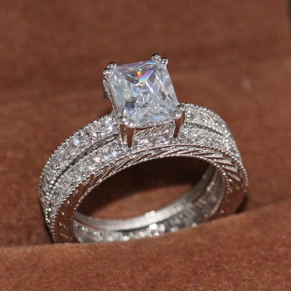 Size 5-10 Vintage Fashion Jewelry 10KT Gold Filled 18K princess Cut GRA 5A White Topaz CZ Dia Retro Women Weding Bridal 14K Band Ring Set Gift
