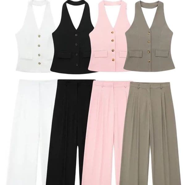 TRAF Women 2 Piece Set Halter Neck SingleBreasted Pocket Sleeveless Vest TopsHigh Waist Zipper Pockets Wide Leg Pant 250217