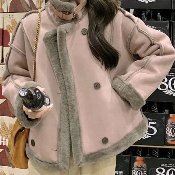 BZVW Short Pink Leather And Fur Integrated With Plush Lining Thick Suede Lamb Wool Motorcycle Jacket Womens Winter 241030