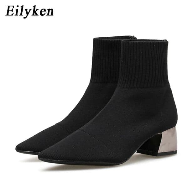 Eilyken Fashion Knitted Stretch Fabric Sewing Women Ankle Boots Square Heels Winter Pointed Toe Ladies Sock Booties 250930