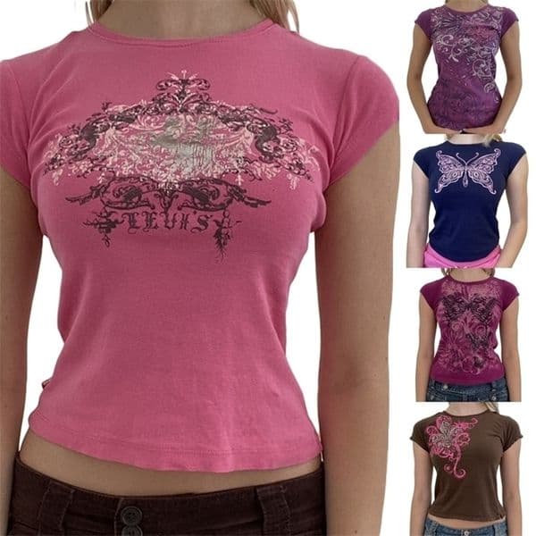 Womens TShirt Vintage Printing Tshirt Women us Casual Short Sleeve Round Neck Exposed Navel Y2k Slim Fit Tops 230330