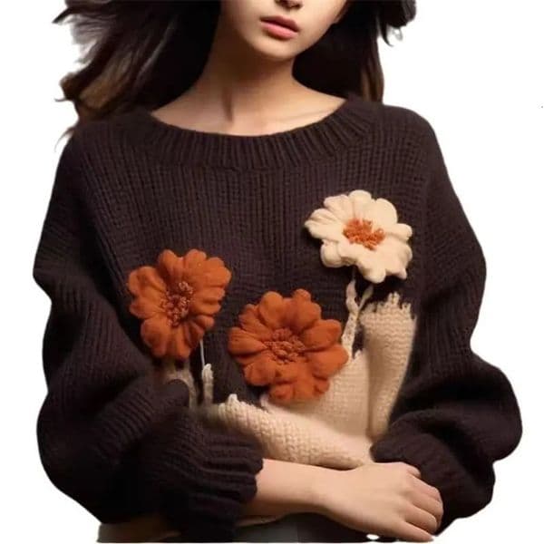 WomensLooseKnitSweaterLazyStyle3DFlowersJumperAutumnWinter 241025