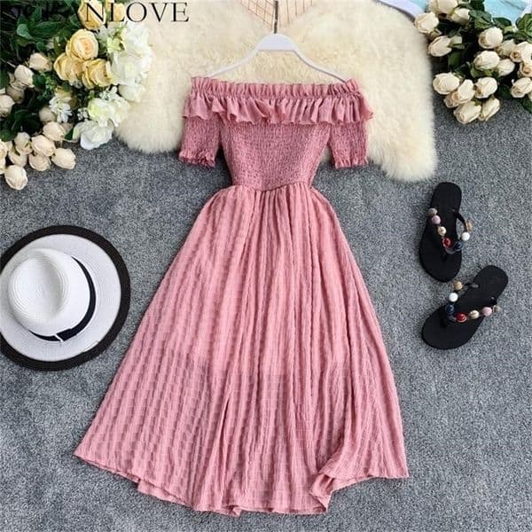 OCEANLOVE Women Summer Dresses Plaid Slash Neck Off Shouder Solid Vestidos Ruffles A-line High Waist Dress Robe Femme