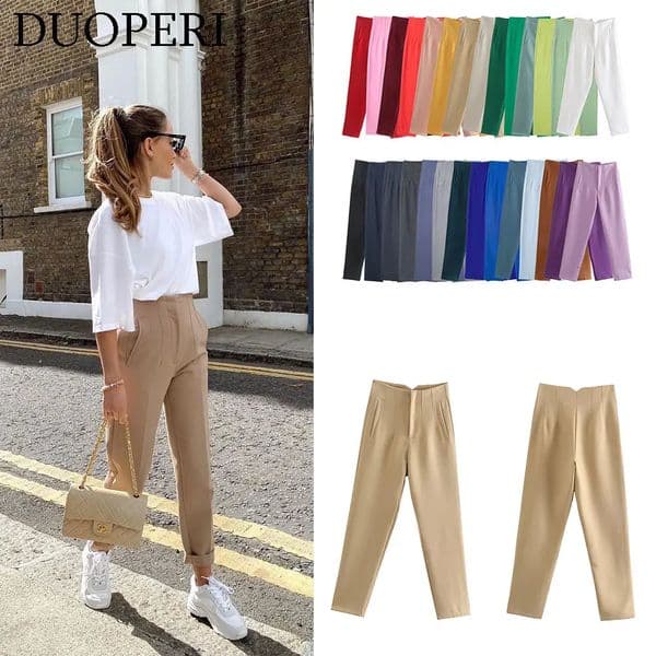 DUOPERI Women Fashion Solid Basic High Waist Trousers Chic Female Office Lady Casual Business Workwear Long Pant 250930BANJIA