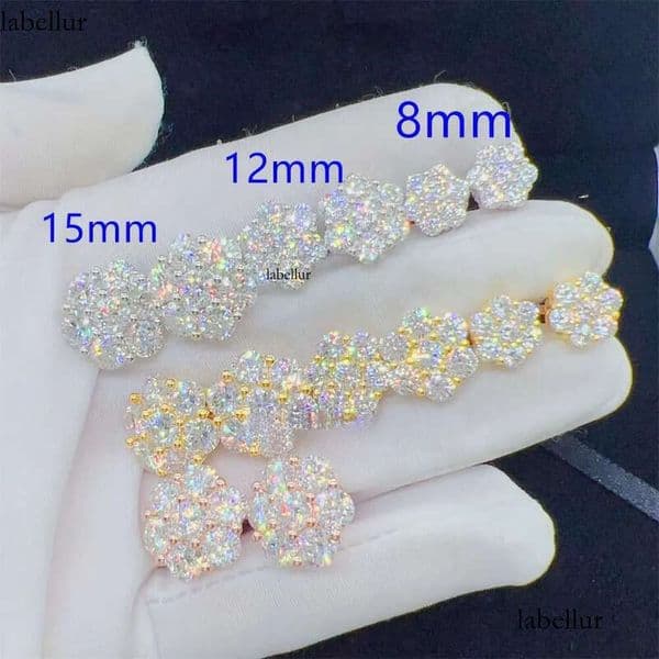 Hot Selling Pass Dia Tester Sier Round Cluster Earrings 8mm 12mm 15mm VVS Moissanite Stud Earring c5