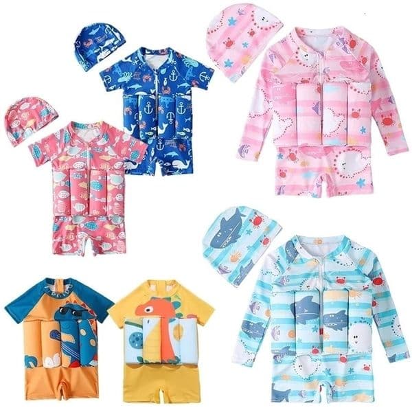 Childrens inflatable swimsuit one-piece swimsuit suitable for childrens floating Rush Guard cartoon printing girls boys swimwear 250403