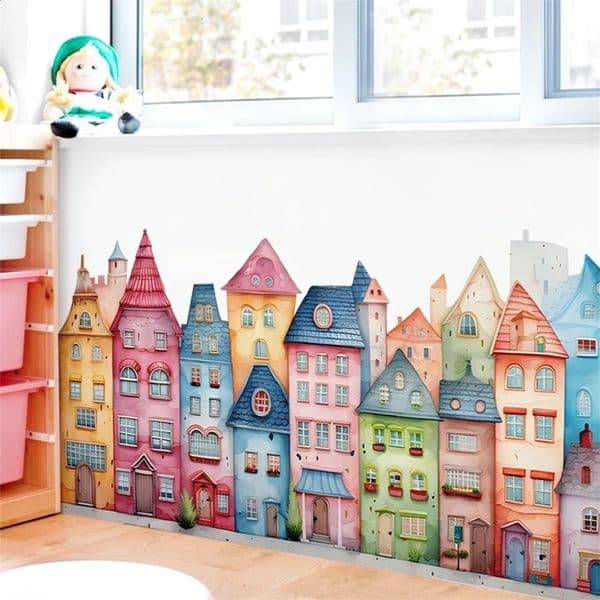 1 piece of colorful cartoon house pattern PVC wallpaper for rens room decoration bedroom home decoration detachable wallpaper 250423
