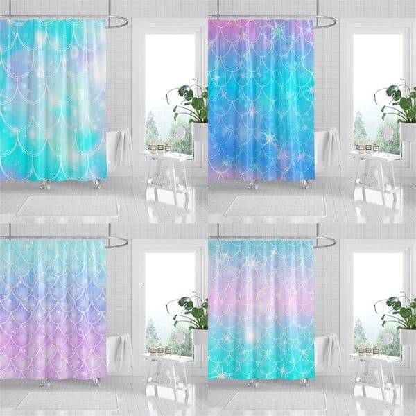 Shower Curtains Mermaid Scales Print Shower Curtain Glittering Star Pattern Bath Curtain Polyester Fabric Waterproof Shower Curtain With Hooks 230322