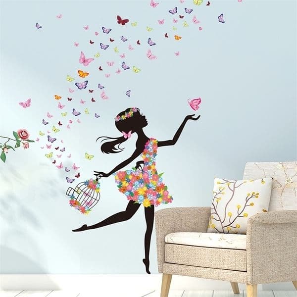 Fairy Girl Wall Stickers DIY Butterflies Flowers Mural Decals for Kids Room Baby Bedroom Home Decoration 201130