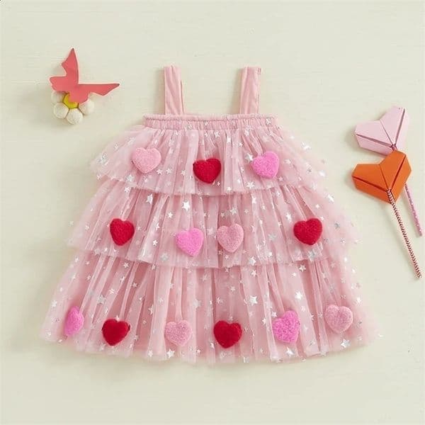 Toddler Girl Valentines Day Dress Star Sequin Layered Tulle Tutu Dress Pompom Embroidery Cake Smash Gift Po Shoot 1-9Y 250318