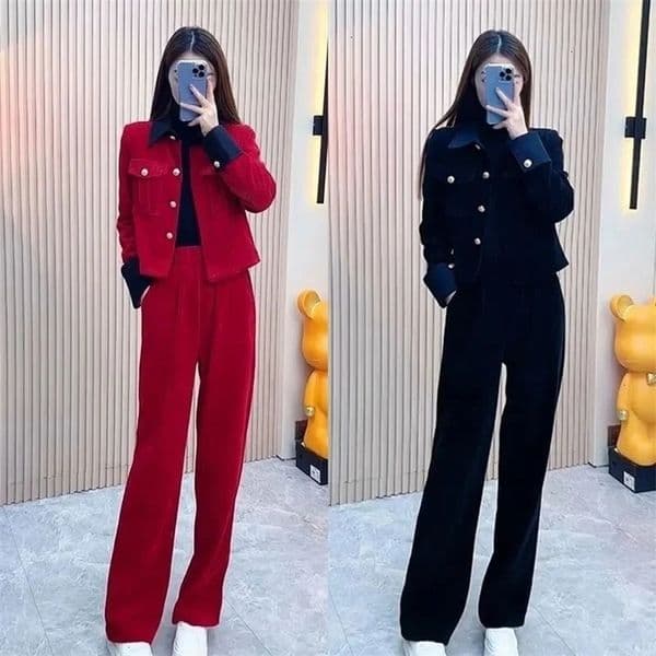 Women's Two Piece Pants Fashion Suit Women's Autumn And Winter High-End Spliced Corduroy Short Coat Wide-Leg Pants Two-Piece Suit Spring Sets Femal 231202