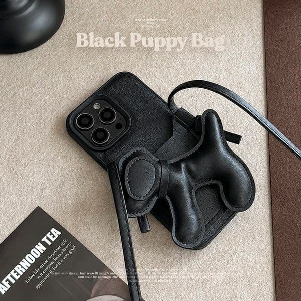 Luxury Korean Crossbody Lanyard Necklace Dog Puppy Card Holder Black Case for IPhone 17 16 15 14 13 12 Pro Max Shockproof Cover