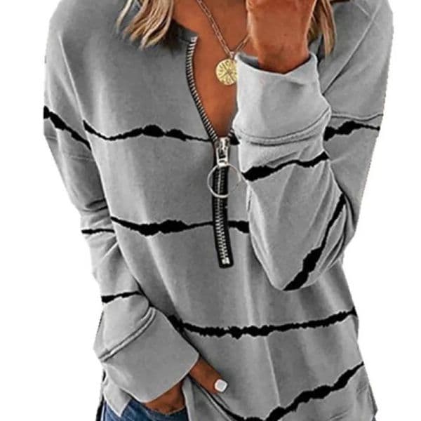 Women's T-Shirt Spring Autumn Strip Printed Front Zipper T Shirt Women Vintage Casual Long Sleeve V Neck Top Female Plus Size Sweatshirt Blouse 230927