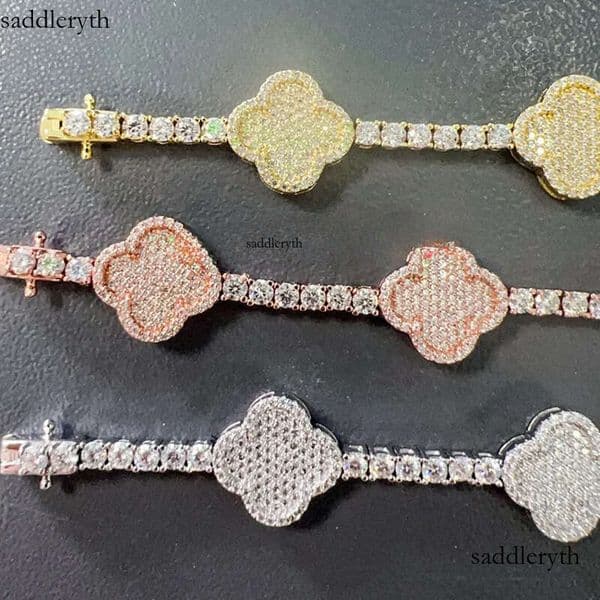 Goldleaf New Product SIER Moissanite Trendy Hip Hop Style Iced Out Lucky Flower Cuban Link Chain Bracelet 1e