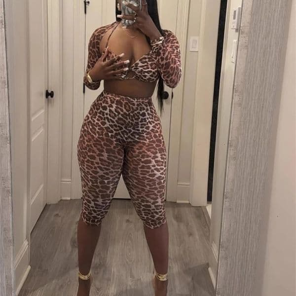 CM.YAYA 2025 Streetwear Womens Set Leopard Print Mesh Strapless Long Sleeve T-shirt Pants Tracksuits Two 2-Piece Set Outfit 250117
