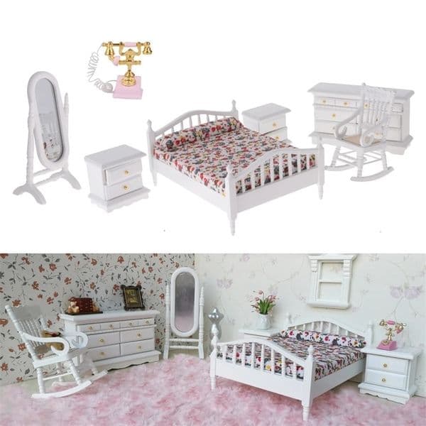 Doll House Accessories 1 12 Dollhouse Bedroom Kit Double Bed Bedside Cabinet Mirror Rocking Horse Model Milk White Doll House Furniture Set 231202